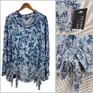 NEW Zach Rachel Plus 2X Top Stretch Knit Bow Front Floral Drape Collar Gray